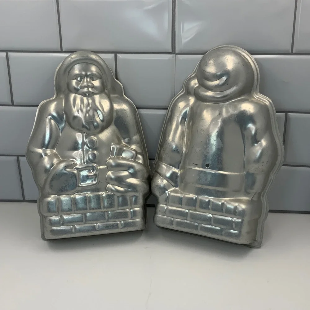 Vintage 3D Santa Claus in Chimney Aluminum Cake Pan Set 2 Piece Christmas Mold